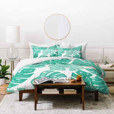 Green Floral Bianca Linocut Monstera Rosy Duvet Cover - Deny Designs 3 Green Floral Bianca Linocut Monstera Rosy Duvet Cover - Deny Designs