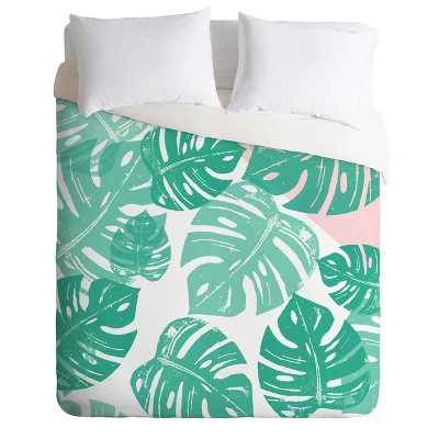 Green Floral Bianca Linocut Monstera Rosy Duvet Cover - Deny Designs 6 Green Floral Bianca Linocut Monstera Rosy Duvet Cover - Deny Designs - Image 4